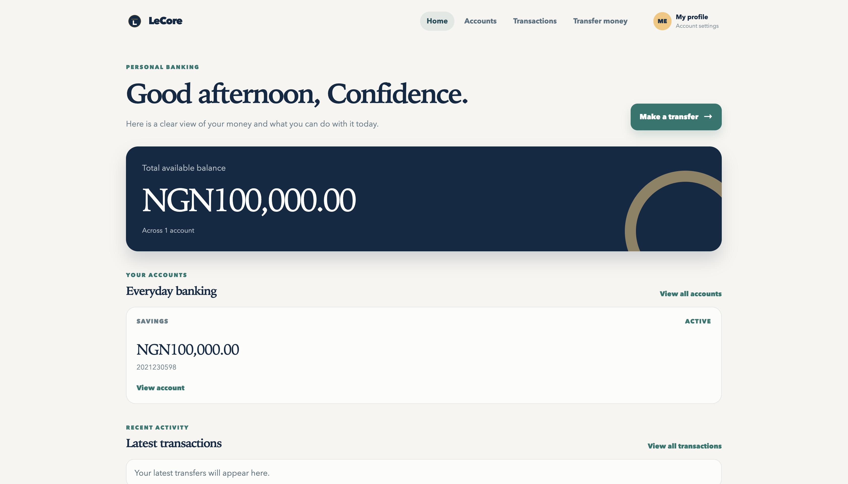 LeCore core banking dashboard